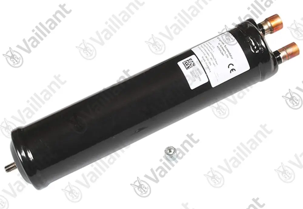 Vaillant Kältemittelsammler in zylindrischer Form mit zwei Anschlussrohren und einer Schrauböffnung an der Unterseite.